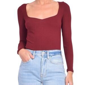 Ba&sh Quiet Luxury Sweetheart Ribbed Long Sleeve Top Small Maroon Red Valentines
